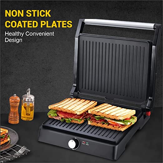 Mellerware INALSA Panini Grill Sandwich Maker 2200Watt - MWPG 01 with Adjustable Thermostat Control & 180 Degree Opening |Non-stick coated plates|Big Size to Fit 4-Slice Bread, (Black/Silver), Small Mellerware INALSA Panini Grill Sandwich Maker 2200Watt - MWPG 01 with Adjustable Thermostat Control & 180 Degree Opening |Non-stick coated plates|Big Size to Fit 4-Slice Bread, (Black/Silver), Small